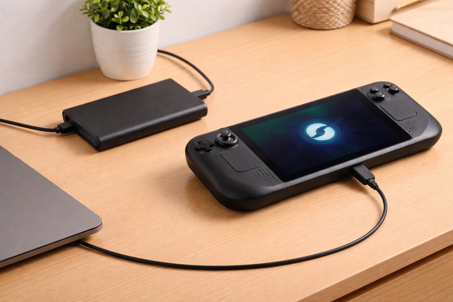 Nintendo Switch and Steam Deck with a USB-C power bank on a table