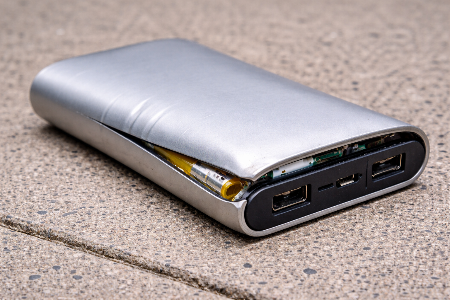 Swollen lithium battery showing signs of thermal runaway