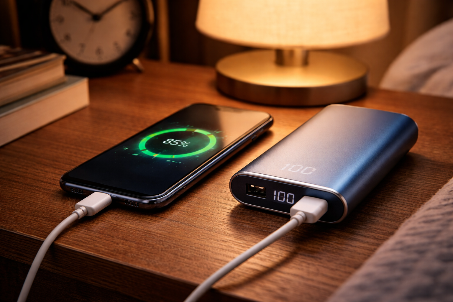 Phone charging from a power bank on a bedside table at night