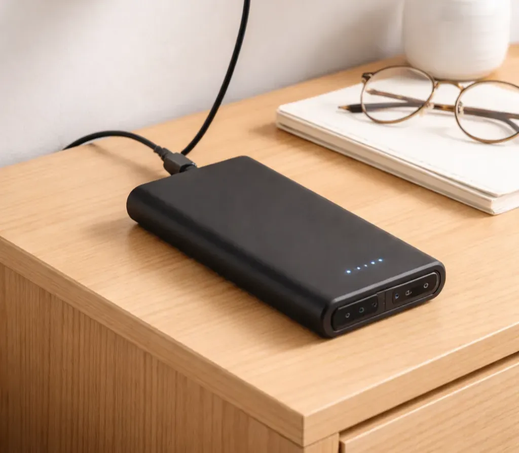 Power bank connected to a USB-C wall charger on a desk