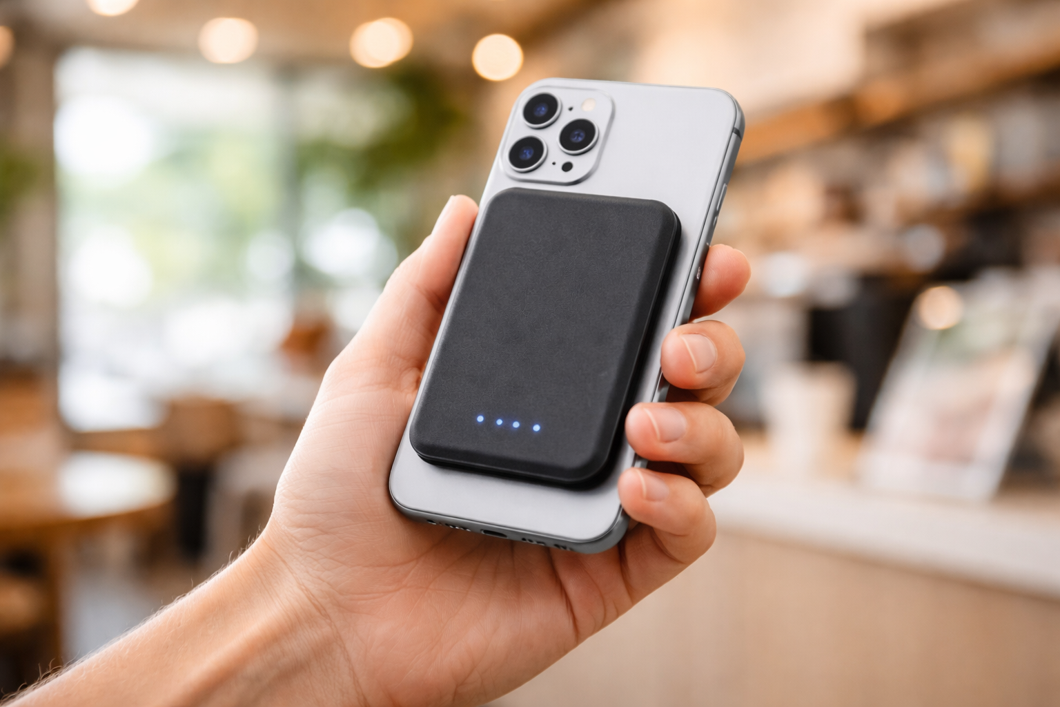 MagSafe power bank magnetically attached to the back of an iPhone