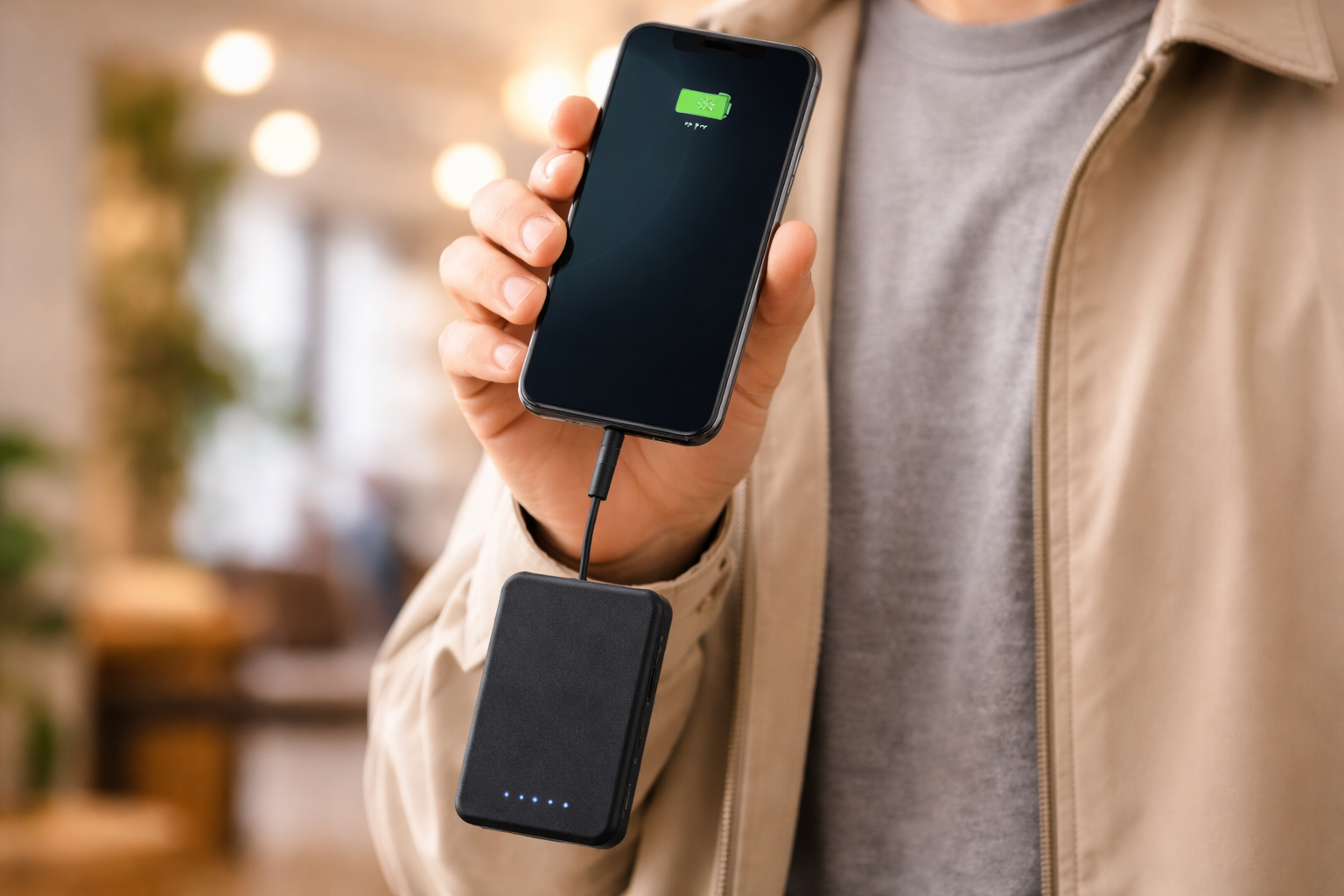 Compact power bank with a built-in USB-C cable folded into the side