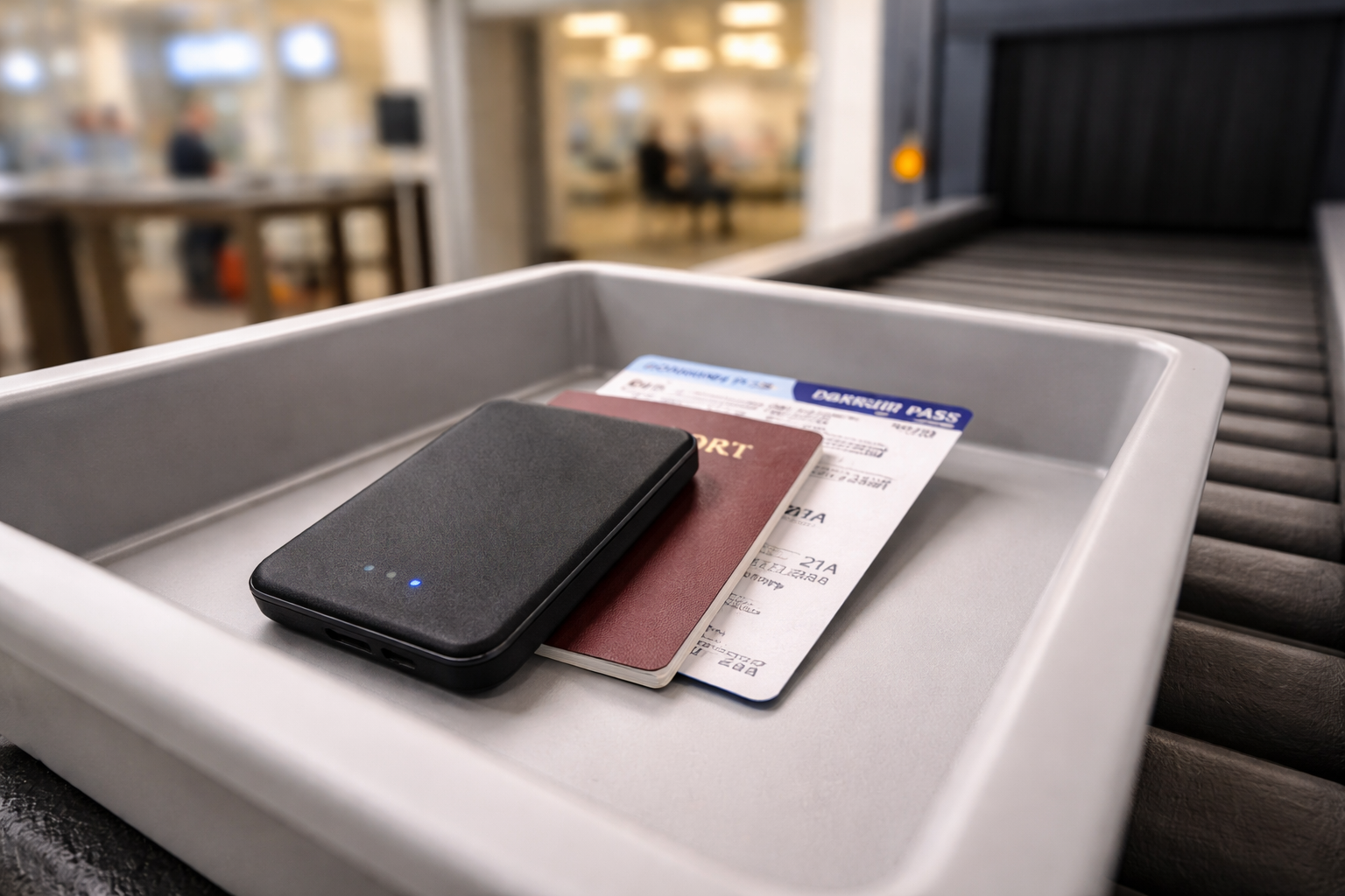 Power bank next to a passport and boarding pass on an airport tray