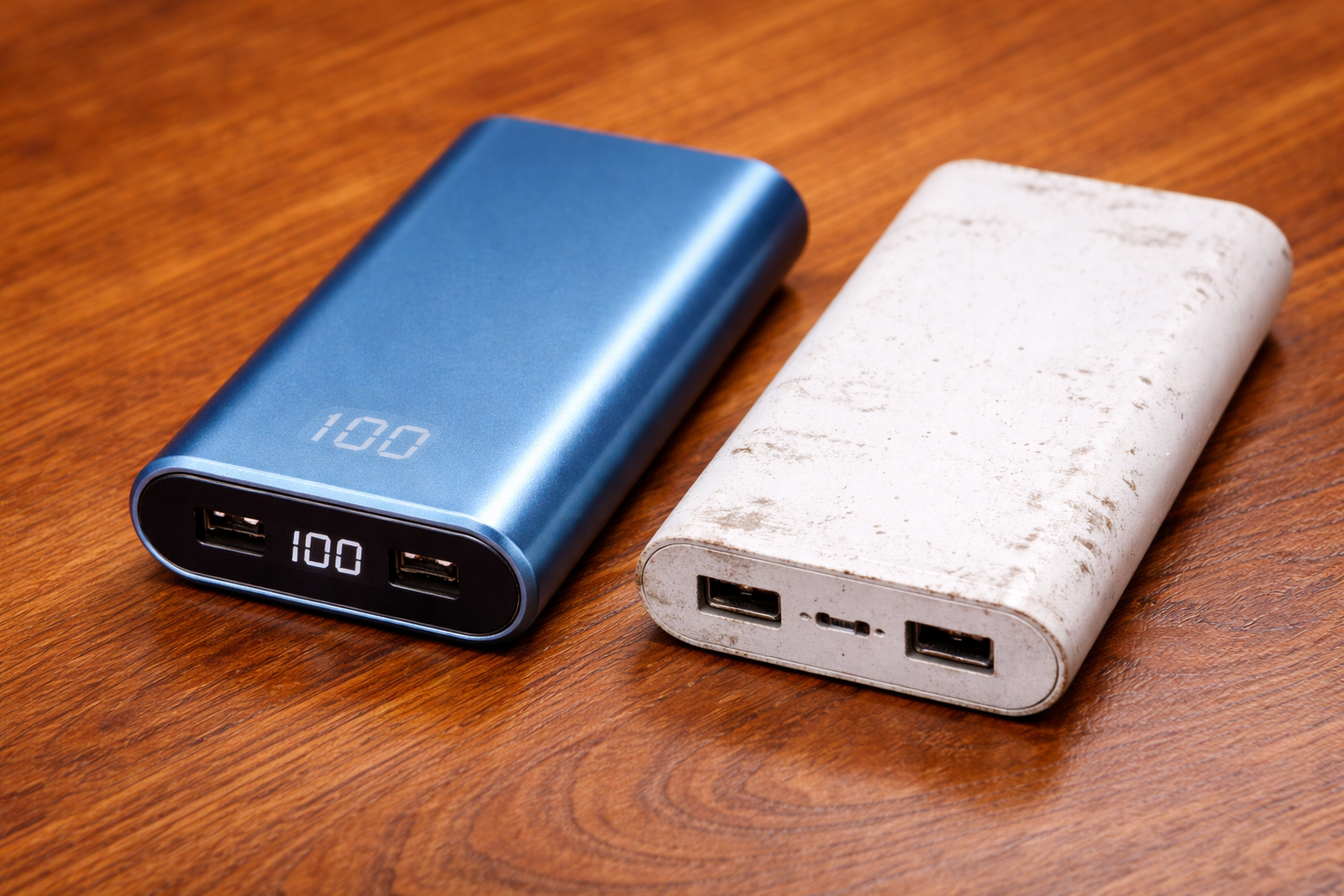 Worn power bank next to a new one showing battery degradation concept