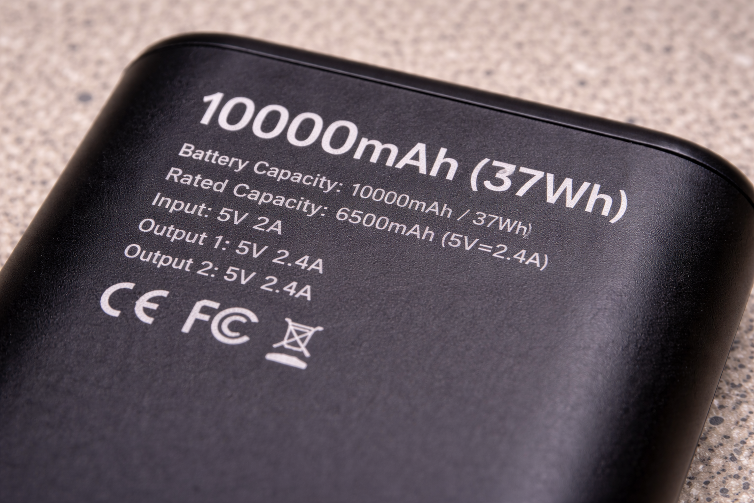Power bank label showing mAh and Wh capacity ratings