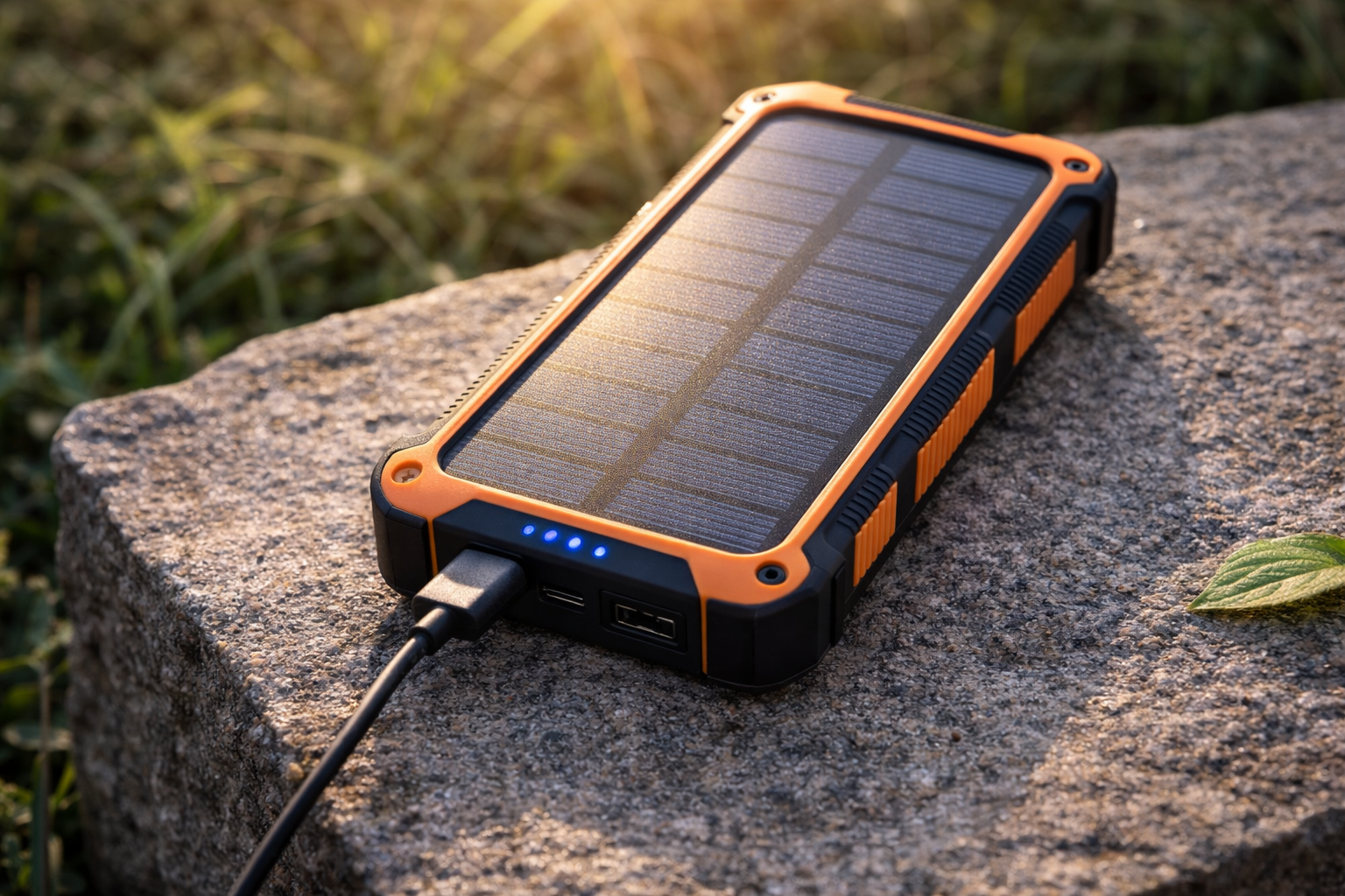 Solar power bank charging in direct sunlight outdoors
