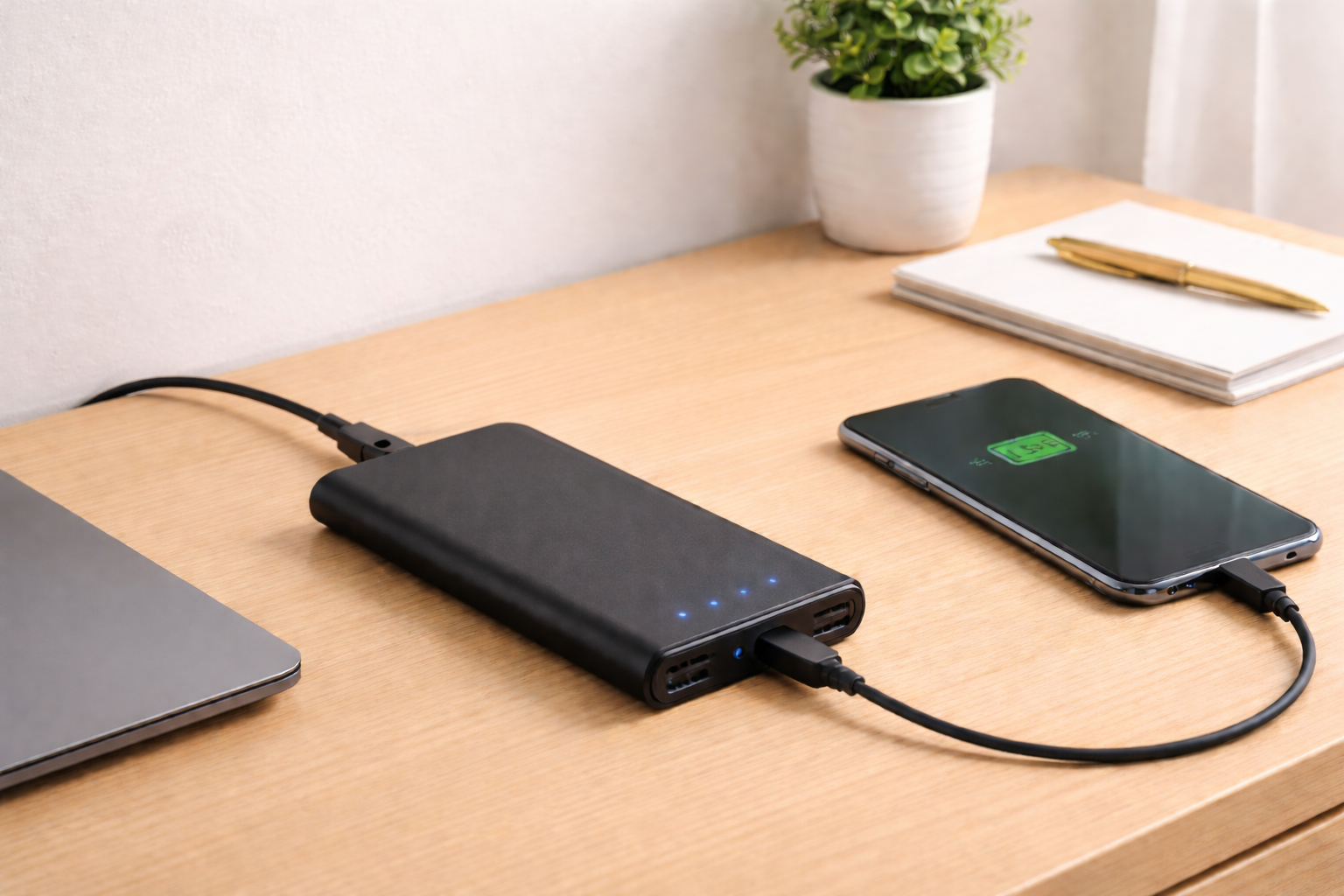 Power bank plugged into a wall charger while charging a phone